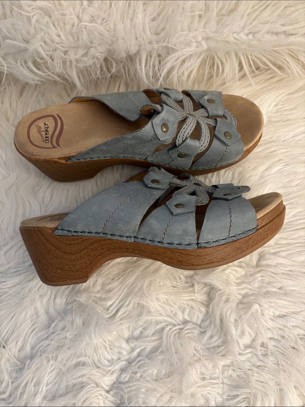 Dansko Light Blue Leather Braided Clog Mules with Wood-Effect Platform